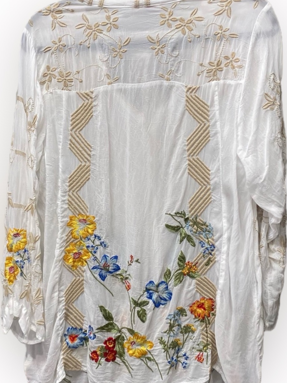Johnny Was White Sheer Embroidered Tunic with Tan Lattice and Multicolor Floral - Picture 2 of 9